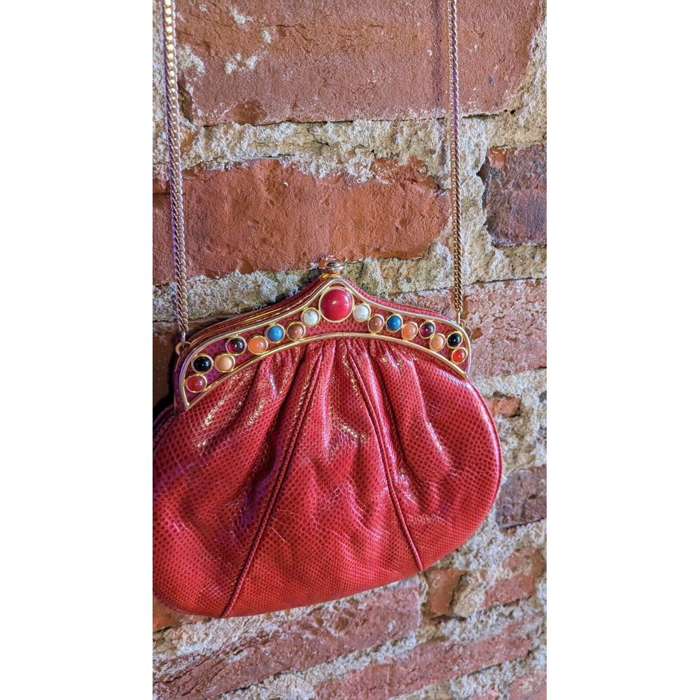 VINTAGE‎ Ashneil Red Snakeskin Leather Jeweled Clutch w/ Gold Hideaway Crossbody